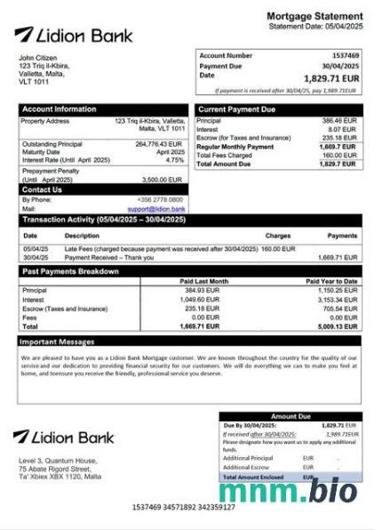 Malta Lidion Bank wyciąg z kredytu hipotecznego szablon Word i PDF